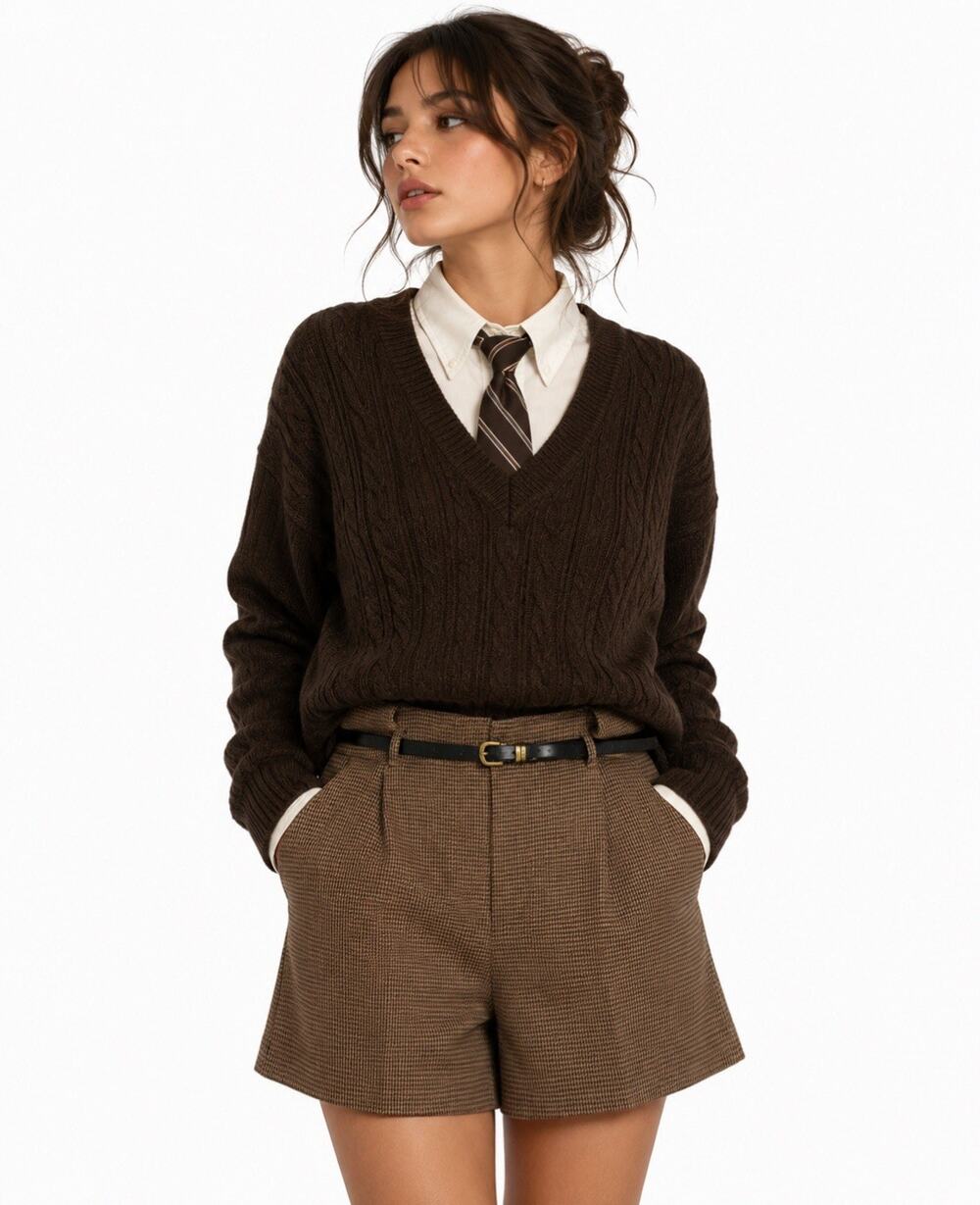 Preppy Dark Academia Forever 21 Brown Houndstooth Belted Trouser Shorts Medium